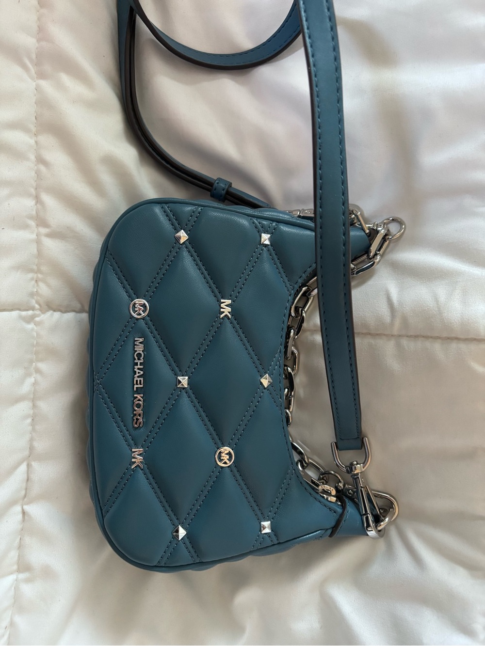 Michael Kors Teal Quilted Crossbody with Silver Accents